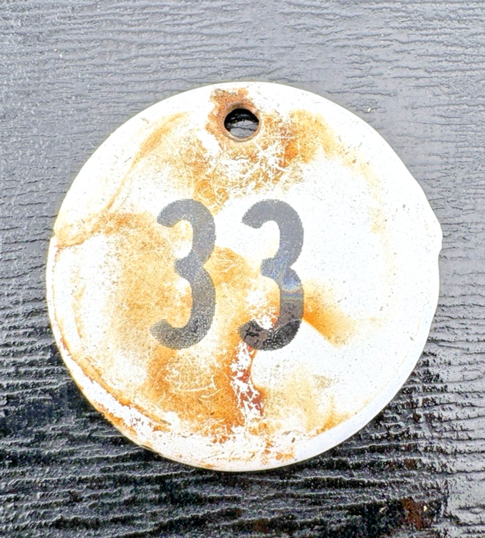 Vintage White with Round Metal Tag Black Number 33 1.25" for keys luggage craft